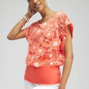 Chicos Blouse Pink Peachy Floral sheer Waist Band Size 2